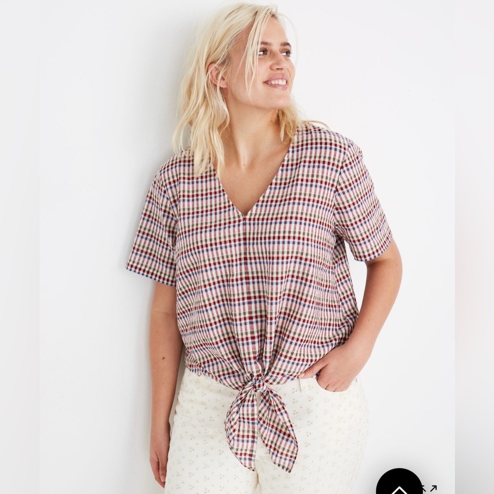 Madewell Novel Tie Front Rainbow Gingham Plaid V-Neck, Size Small